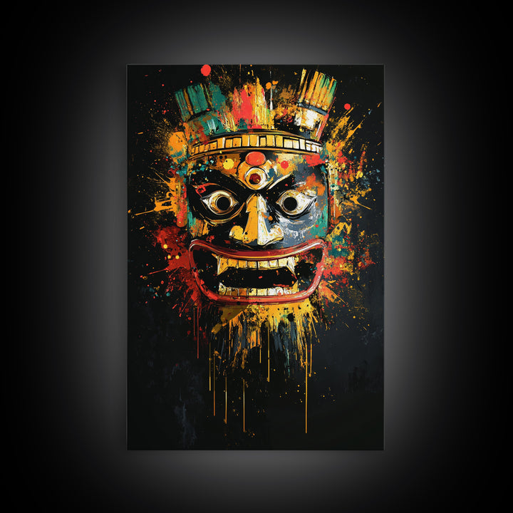 Aztec Warrior Mask Gold Canvas Print, Tribal Wall Art, Splatter Style Decor, Real Wood Frame, Bold Statement Piece