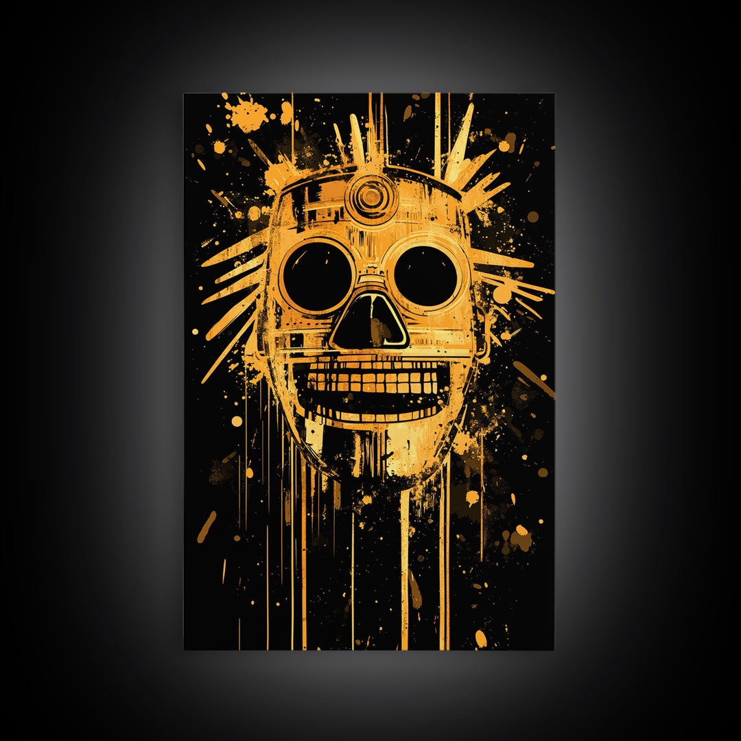 Inca Sun God Mask Gold Canvas Print, Ancient Tribal Wall Art, Splatter Ink Style, Real Wood Frame, Bold Home Decor