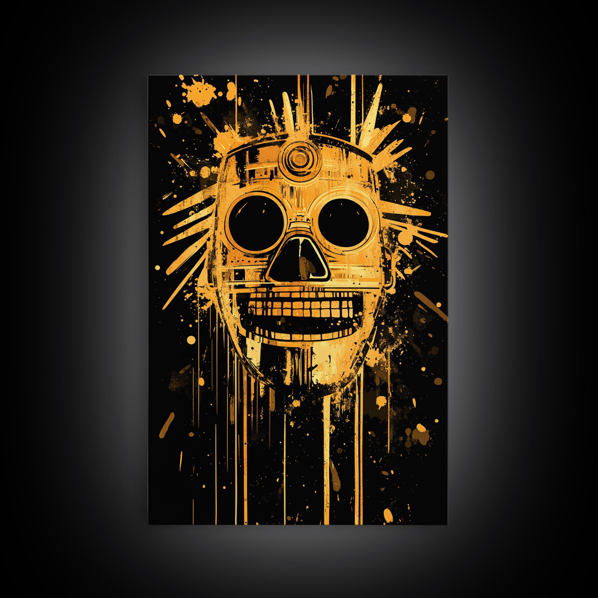 Inca Sun God Mask Gold Canvas Print, Ancient Tribal Wall Art, Splatter Ink Style, Real Wood Frame, Bold Home Decor