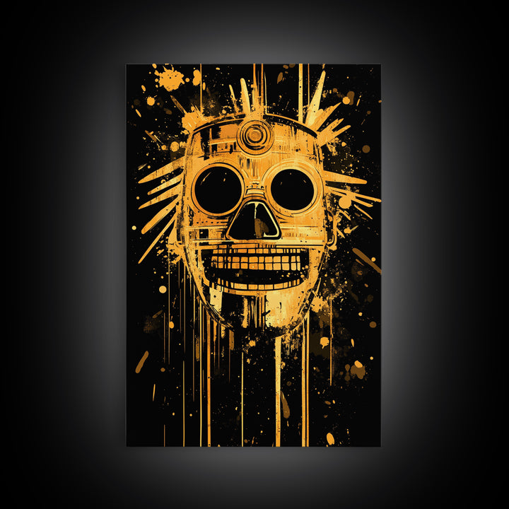 Inca Sun God Mask Gold Canvas Print, Ancient Tribal Wall Art, Splatter Ink Style, Real Wood Frame, Bold Home Decor