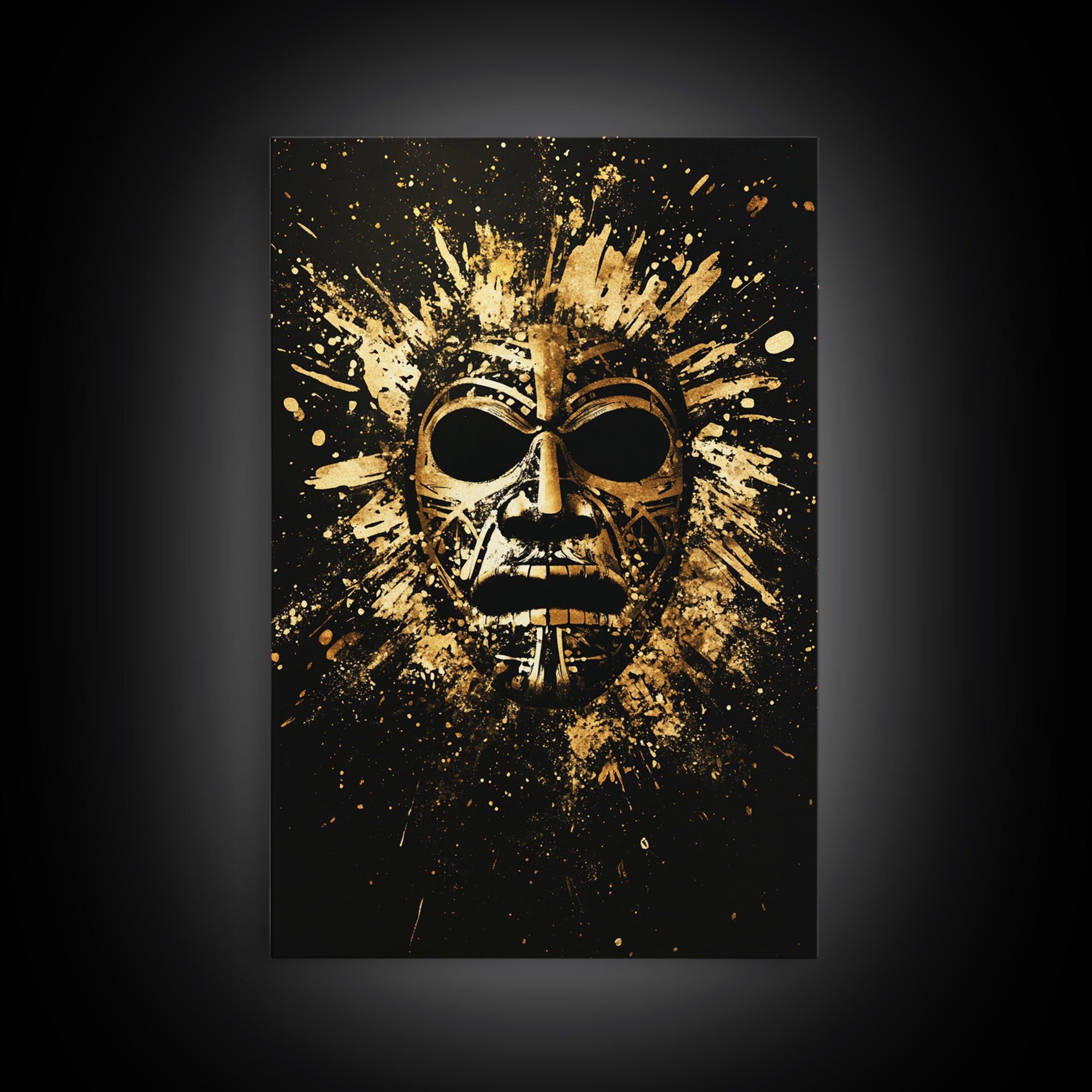 Mayan Ritual Mask Gold Canvas Print, Ancient Tribal Wall Art, Splatter Paint Style, Real Wood Frame, Bold Statement Decor