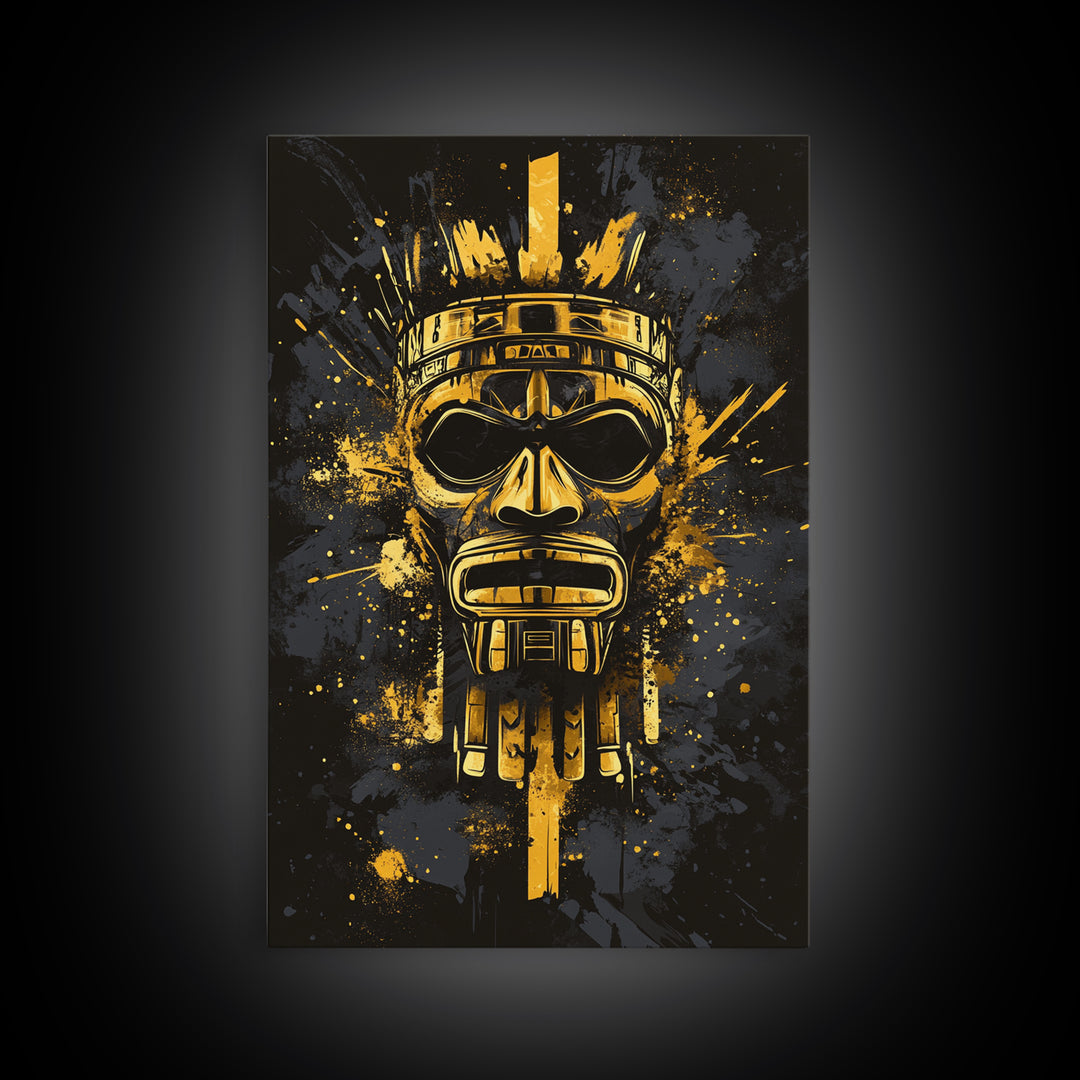 Aztec Chief Mask Gold Canvas Print, Tribal Heritage Wall Art, Splatter Ink Style, Real Wood Frame, Striking Home Accent