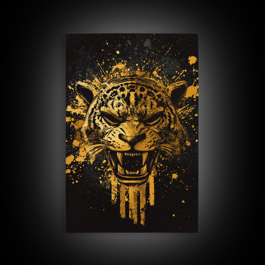 Jaguar Warrior Gold Canvas Print, Aztec Animal Spirit Wall Art, Splatter Ink Style, Real Wood Frame, Fierce Tribal Decor