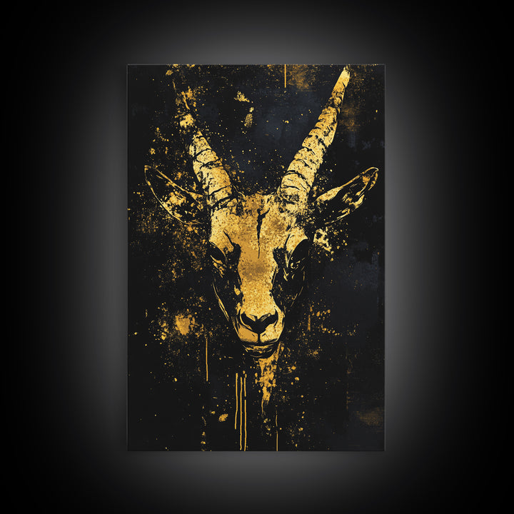 Antelope Spirit Gold Canvas Print, Tribal Wildlife Wall Art, Splatter Style Ink, Real Wood Frame, Minimalist Statement Decor