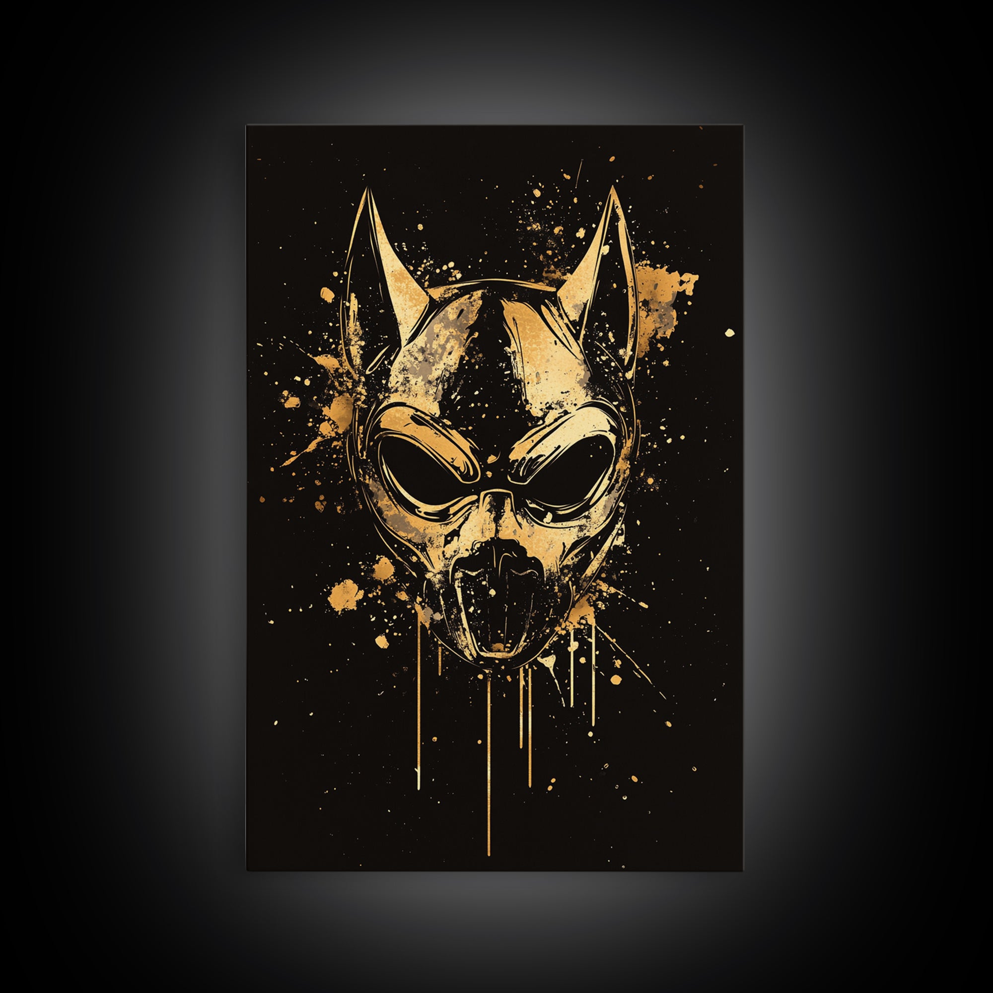 Dog Spirit Mask Gold Canvas Print, Tribal Guardian Wall Art, Splatter Style Ink, Real Wood Frame, Fierce Bold Home Decor