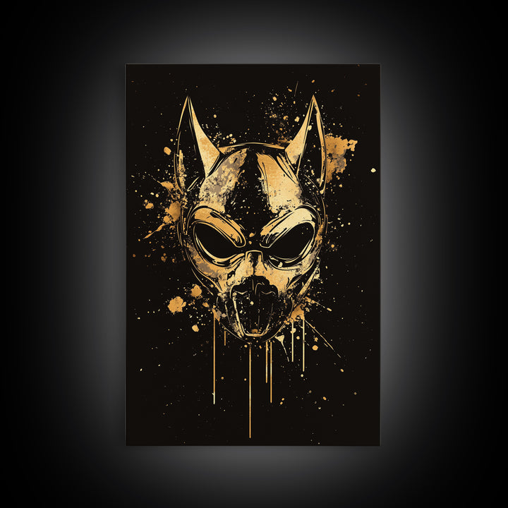 Dog Spirit Mask Gold Canvas Print, Tribal Guardian Wall Art, Splatter Style Ink, Real Wood Frame, Fierce Bold Home Decor