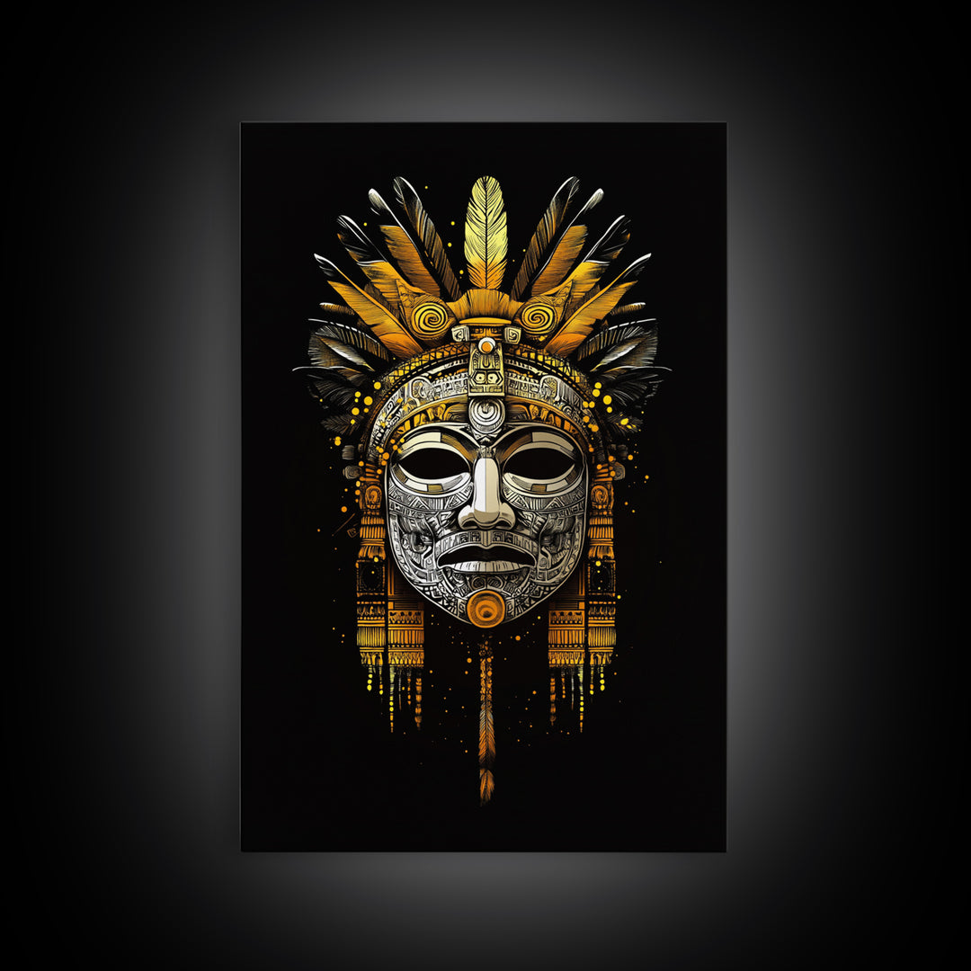 Aztec Feathered Mask Gold Canvas Print, Ornate Tribal Face Art, Ethnic Wall Hanging Decor, Real Wood Frame