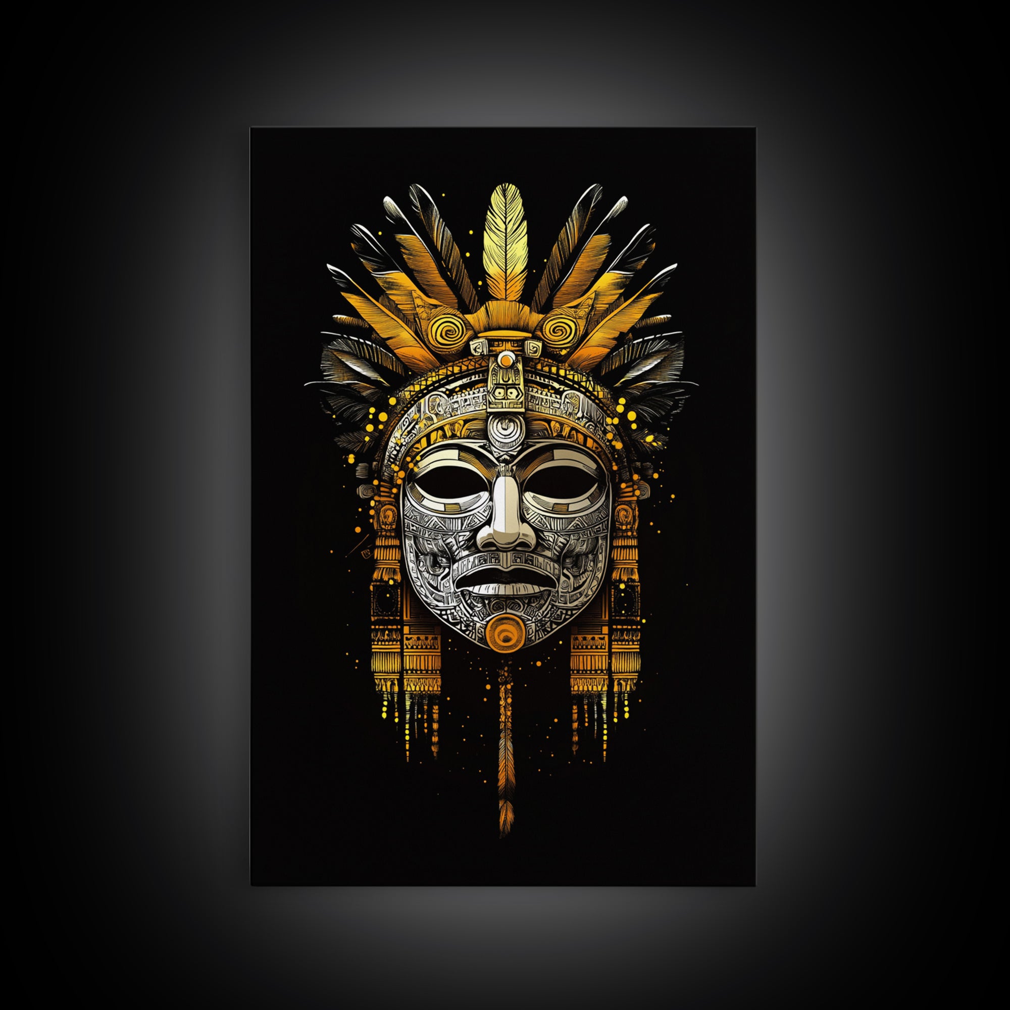 Aztec Feathered Mask Gold Canvas Print, Ornate Tribal Face Art, Ethnic Wall Hanging Decor, Real Wood Frame