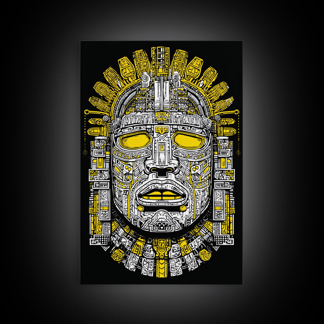 Aztec Sun Mask Gold Canvas Print, Bold Tribal Face Artwork, Ancient Splatter Style Wall Decor, Real Wood Frame
