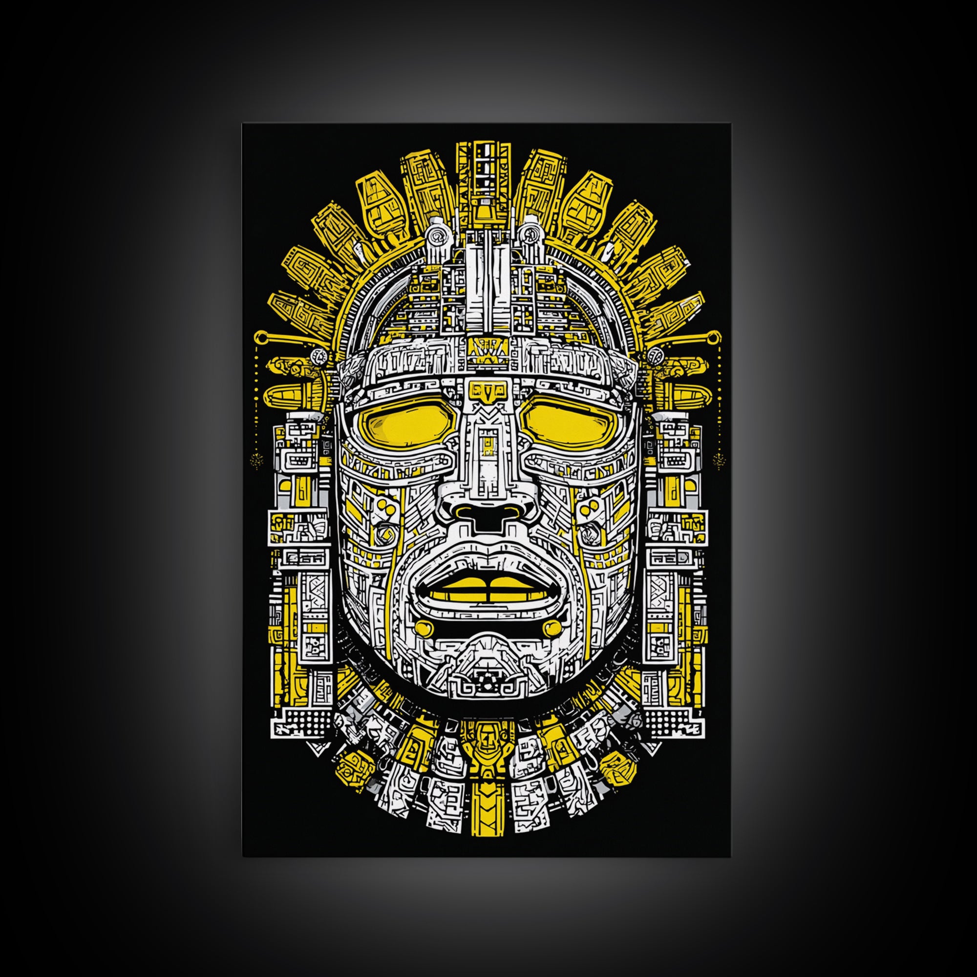 Aztec Sun Mask Gold Canvas Print, Bold Tribal Face Artwork, Ancient Splatter Style Wall Decor, Real Wood Frame