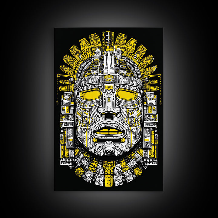 Aztec Sun Mask Gold Canvas Print, Bold Tribal Face Artwork, Ancient Splatter Style Wall Decor, Real Wood Frame