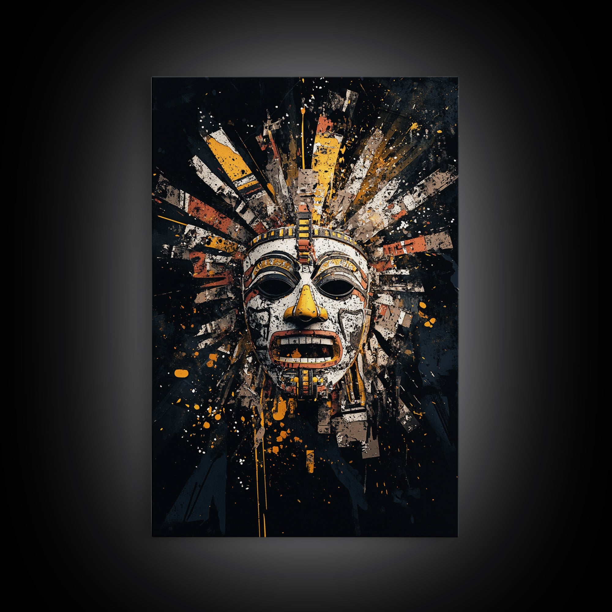 Aztec Feather Headdress Gold Canvas Print, Ornate Tribal Face Artwork, Mythic Wall Decor, Real Wood Frame