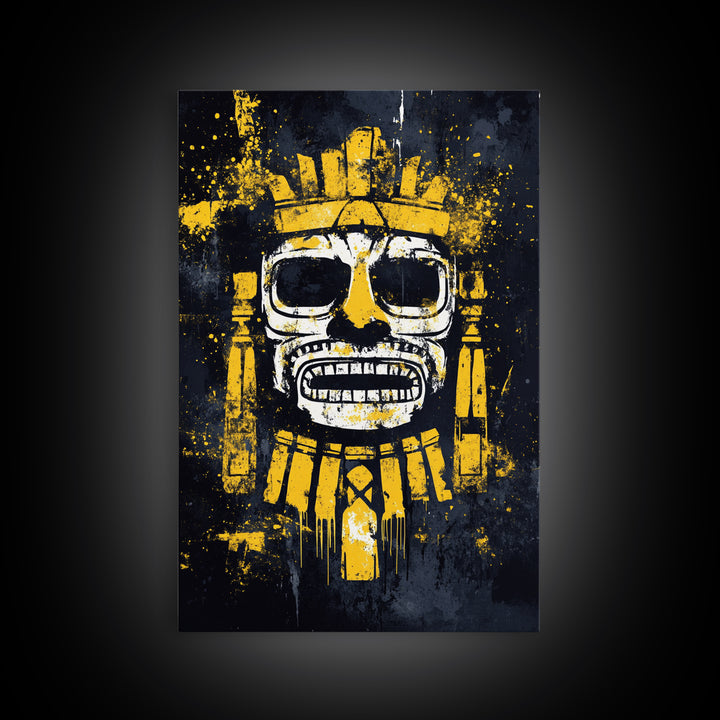 Aztec Feathered Warrior Gold Canvas Print, Ornate Tribal Face Artwork, Ancient Wall Decor, Real Wood Frame