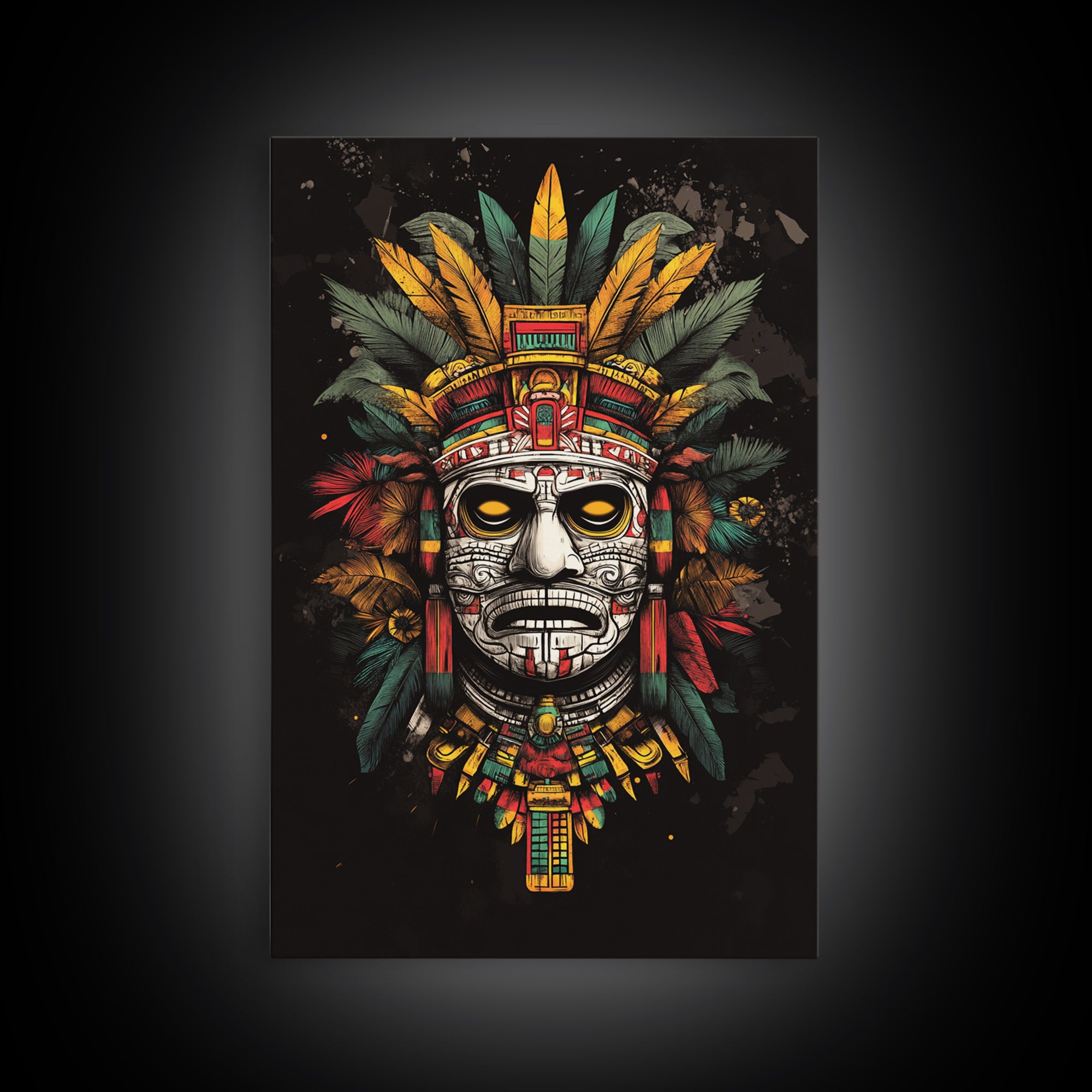 Aztec Sun God Mask Gold Canvas Print, Ornate Tribal Face Artwork, Ancient Mythic Wall Hanging Decor, Real Wood Frame