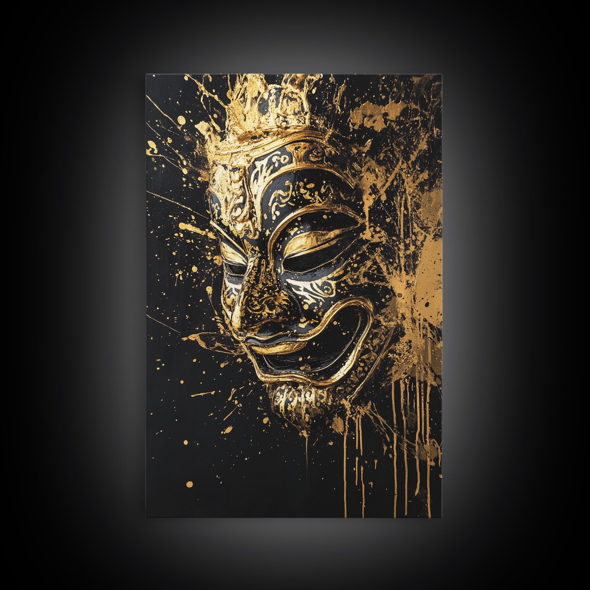 Traditional Mask Gold Canvas Art, Intricate Wall Art, Cultural Spirit Artwork, Real Wood Frame, Unique Splatter Pattern Home Decor