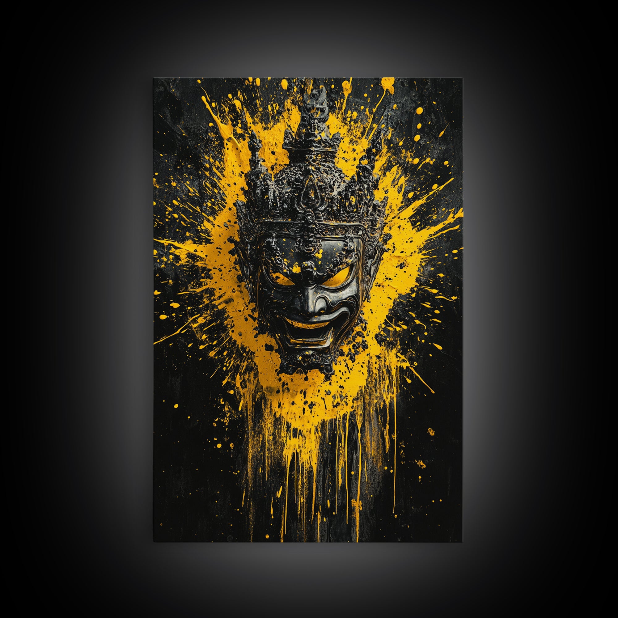 Tribal Mask Gold Canvas Print, Modern Splatter Art, Cultural Wall Decor, Bold Tribal Artwork, Real Wood Framed