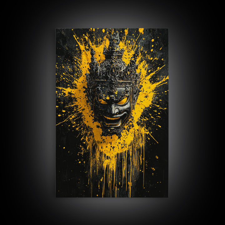 Tribal Mask Gold Canvas Print, Modern Splatter Art, Cultural Wall Decor, Bold Tribal Artwork, Real Wood Framed