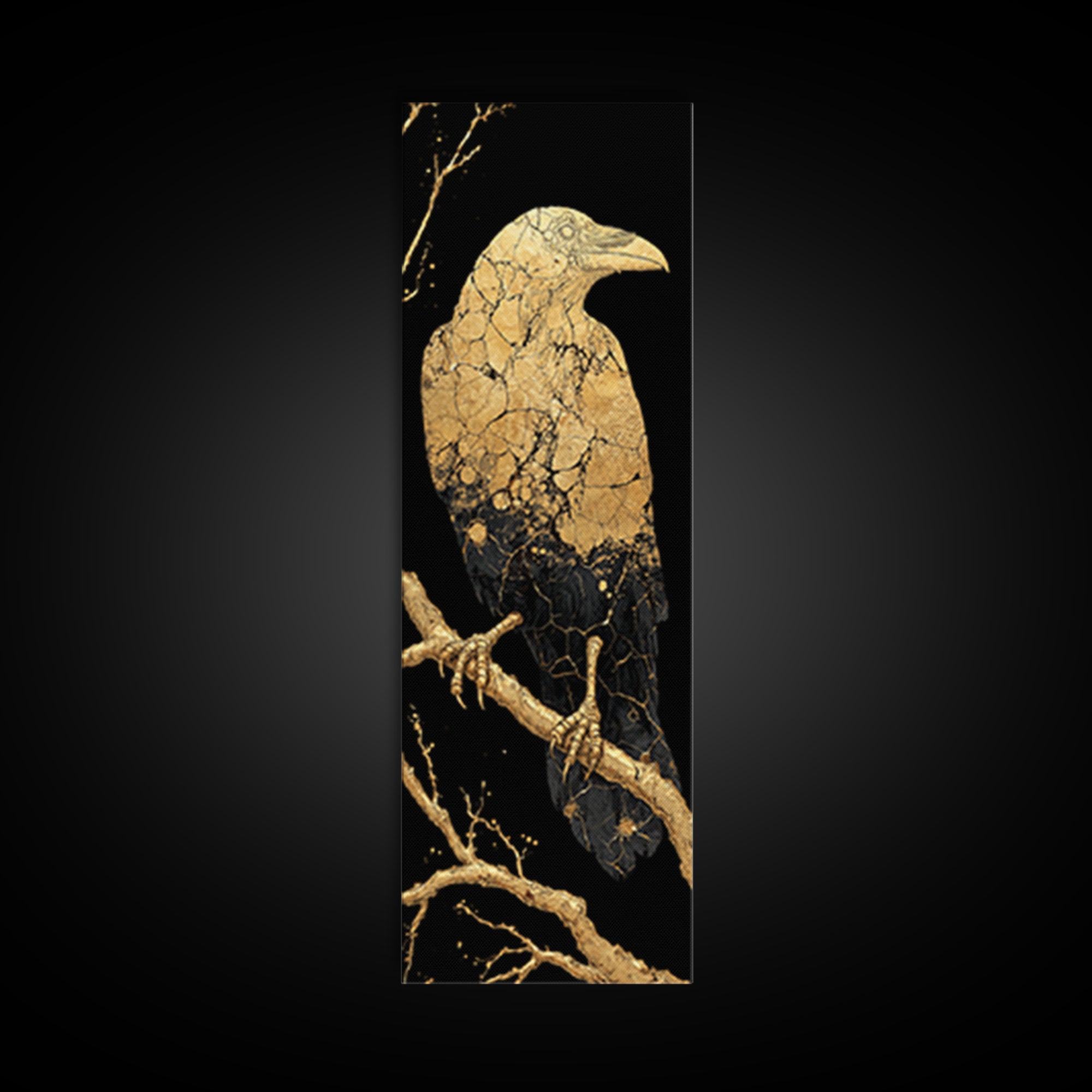 Odin’s Raven Huginn Canvas Gold Art Canvas Art, Norse Mythology Viking Wall Decor for Office or Man Cave, framed with real wood