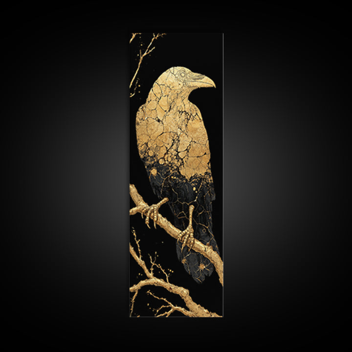 Odin’s Raven Huginn Canvas Gold Art Canvas Art, Norse Mythology Viking Wall Decor for Office or Man Cave, framed with real wood