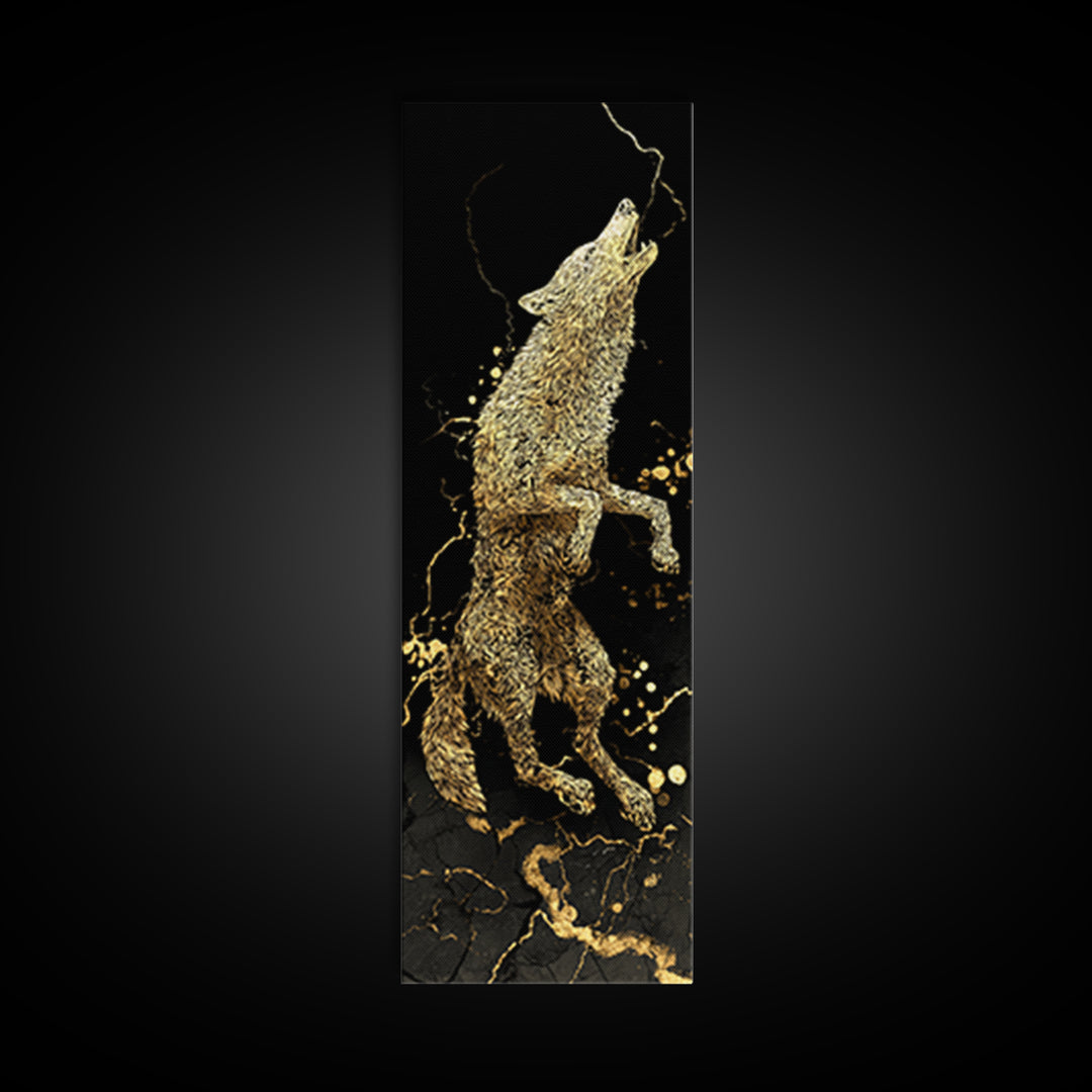 Wolf Fenrir Norse Mythology Canvas Gold Art Canvas Art, Viking Office Wall Decor for Men, framed in natural real wood