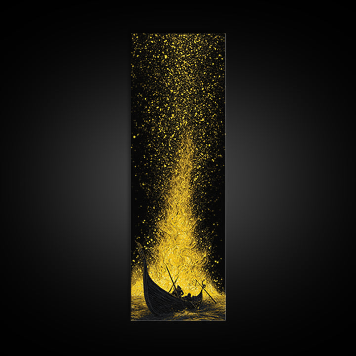 Viking Funeral Ship Canvas Gold Art Canvas Art, Norse Mythology Wall Decor for Dad Gift or Office, framed in rustic wood