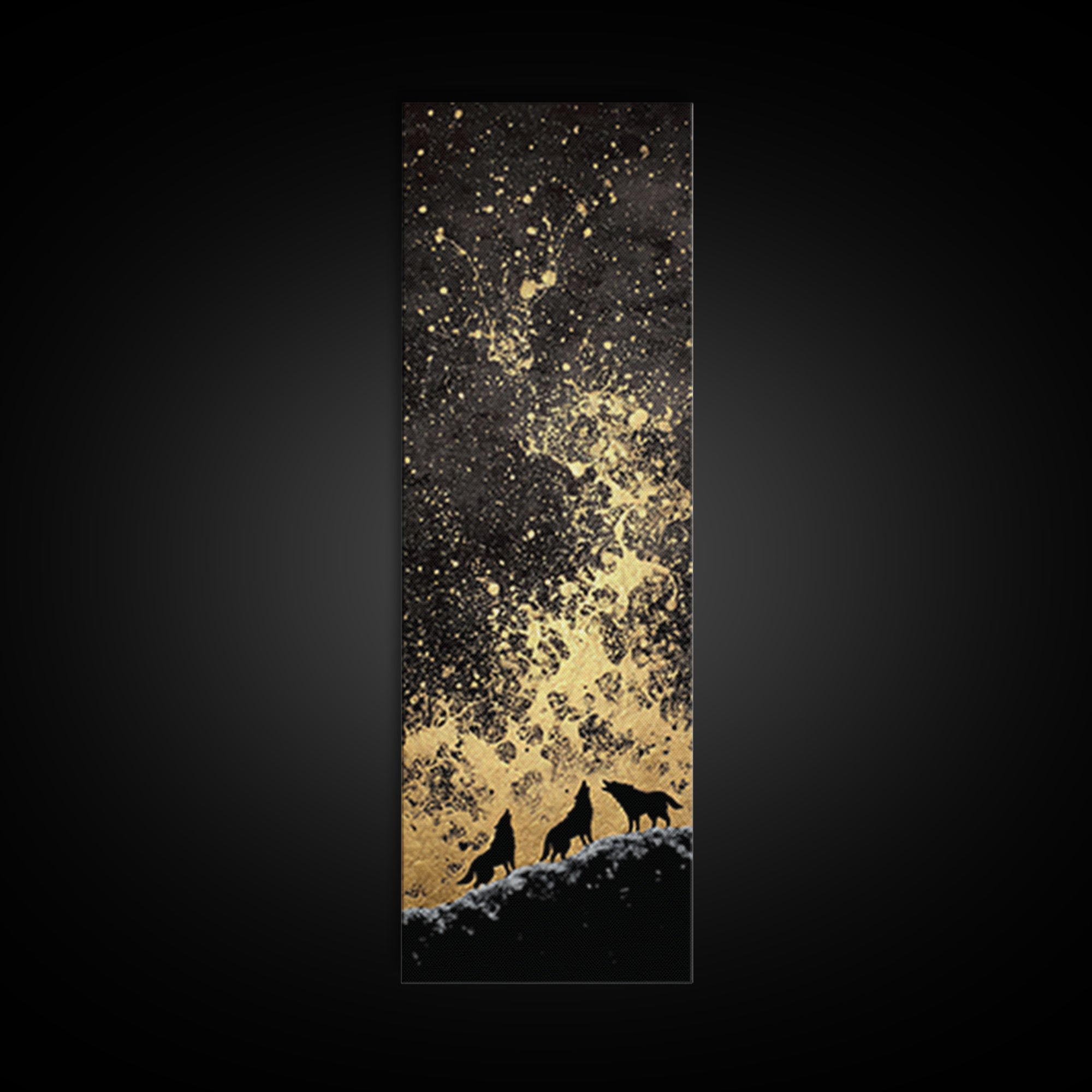 Howling Wolves Norse Night Canvas Gold Art Canvas Art, Nordic Mythology Wall Art for Men’s Office, framed with real wood