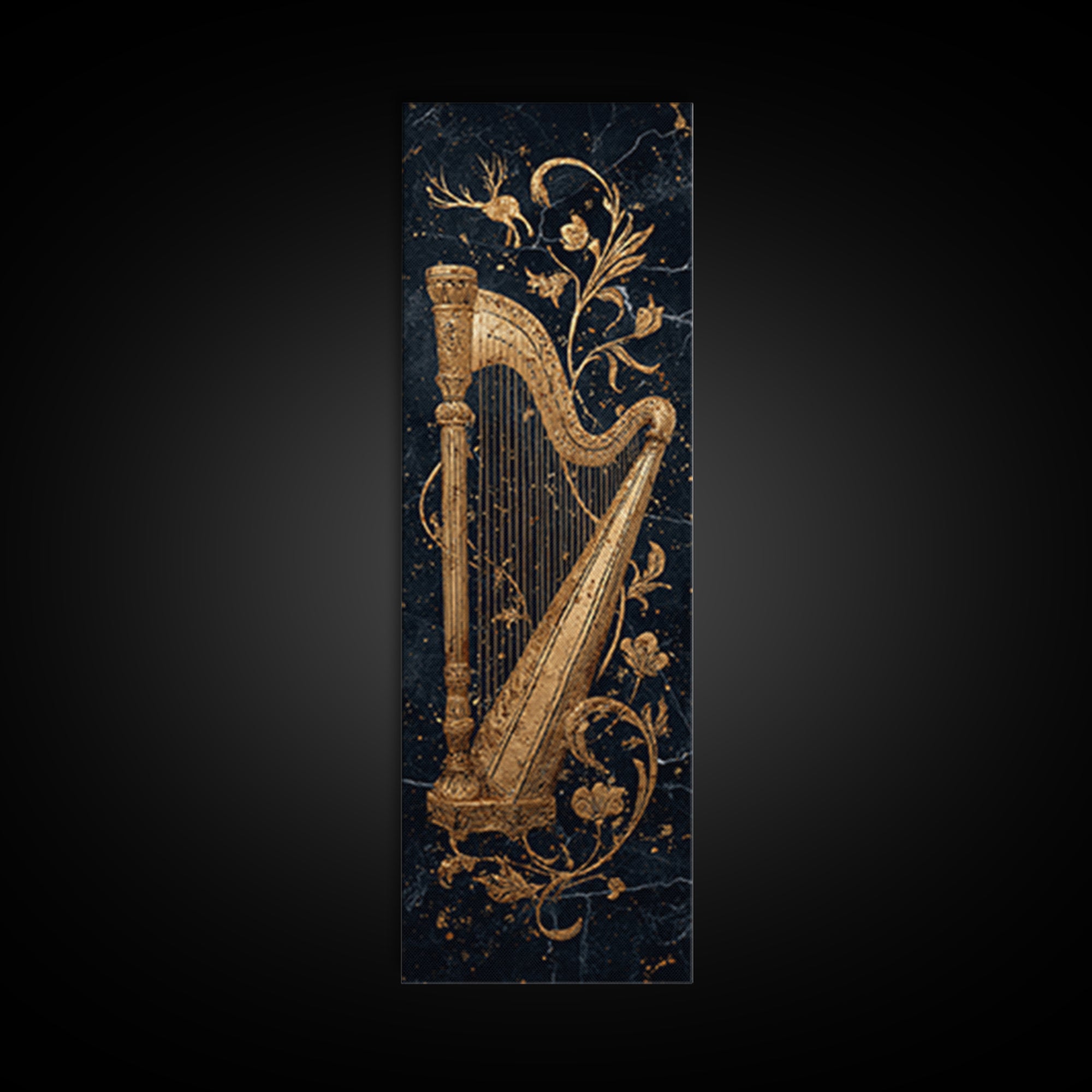 Golden Harp Nordic Wall Art, Wood Framed Canvas Art, Canvas Gold Art, Gold Leaf, Gold Foil Art
