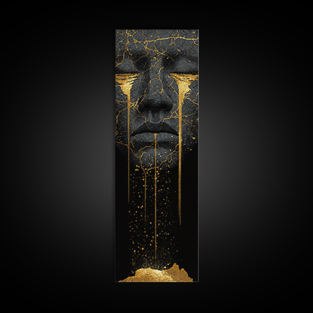 Crying Norse Mask Canvas Gold Art Canvas Art | Nordic Mythology Wall Decor for Man Cave or Office | Framed in Natural Wood