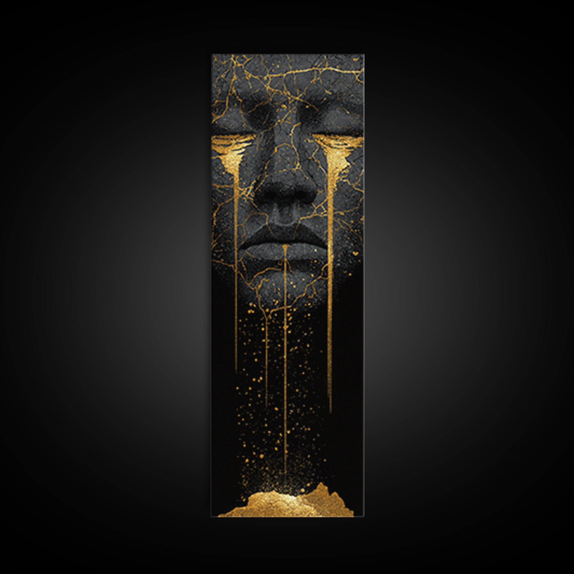 Crying Norse Mask Canvas Gold Art Canvas Art | Nordic Mythology Wall Decor for Man Cave or Office | Framed in Natural Wood