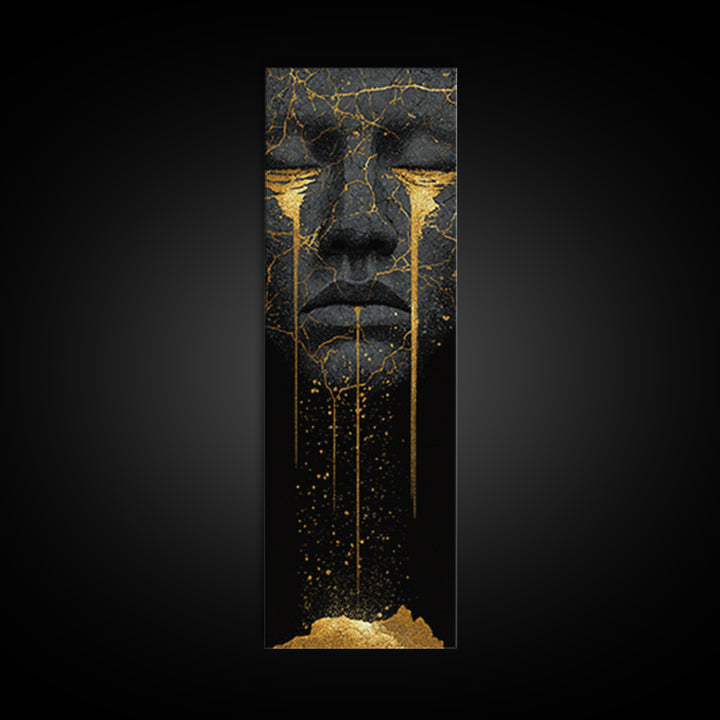 Crying Norse Mask Canvas Gold Art Canvas Art | Nordic Mythology Wall Decor for Man Cave or Office | Framed in Natural Wood