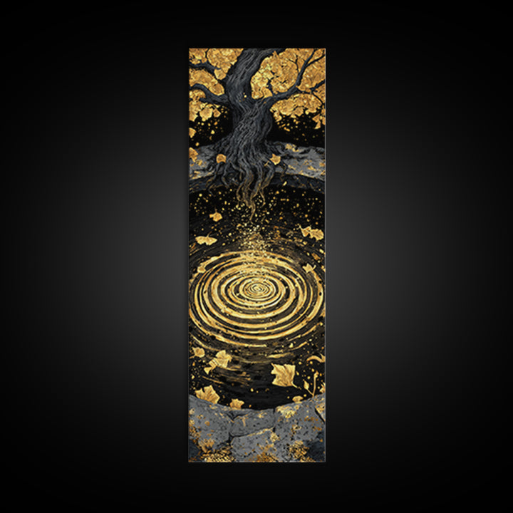 Yggdrasil Tree Canvas Gold Art Canvas Art | Nordic Mythology Wall Art of World Tree | Viking Office Decor Framed with Natural Wood