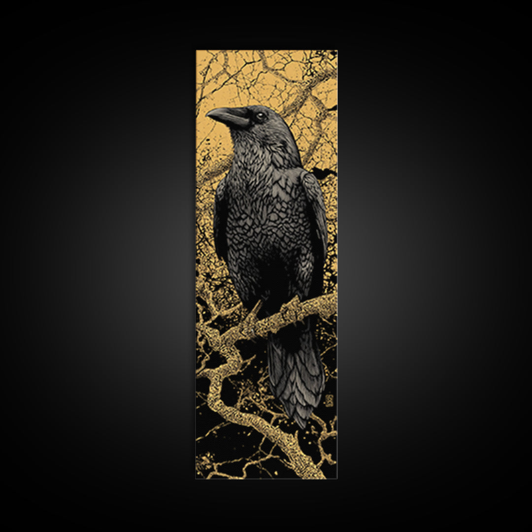 Hugin Raven Canvas Gold Art Canvas Art | Nordic Mythology Wall Decor of Odin’s Raven | Viking Office Art Framed in Natural Wood