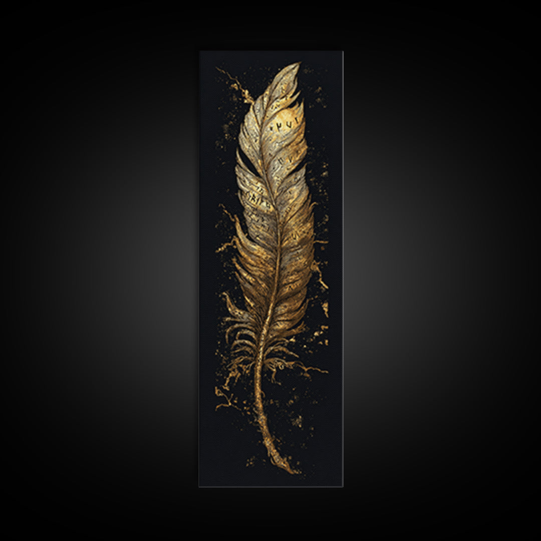 Canvas Gold Art Viking Rune Feather Canvas Art, Nordic Mythology Wall Decor for Office or Man Cave, framed in natural wood