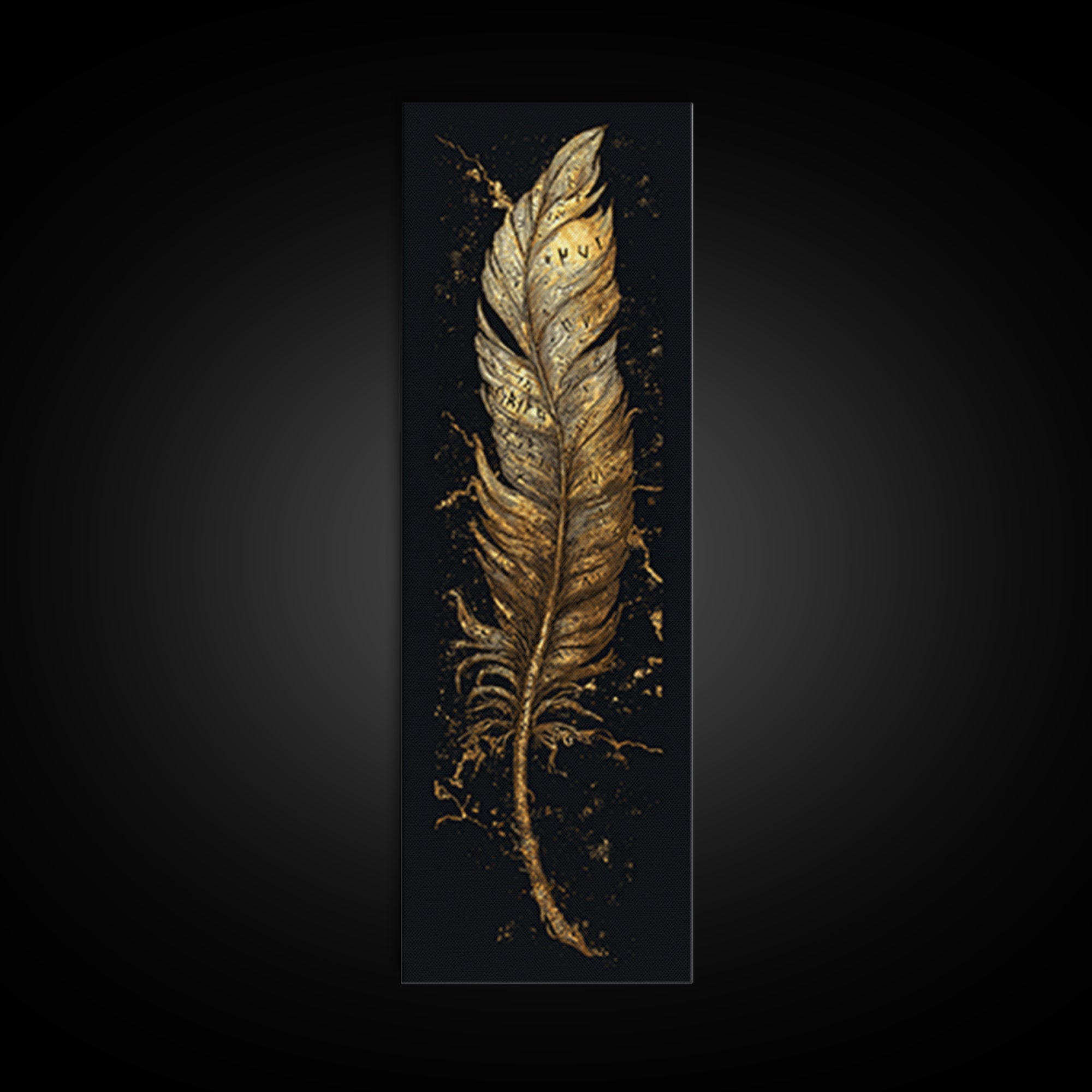 Canvas Gold Art Viking Rune Feather Canvas Art, Nordic Mythology Wall Decor for Office or Man Cave, framed in natural wood