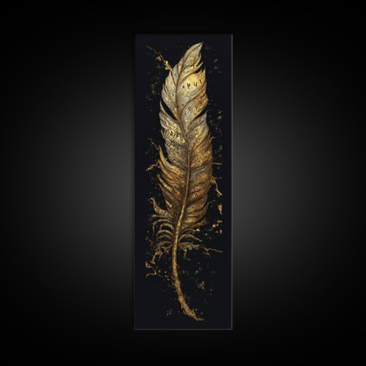 Canvas Gold Art Viking Rune Feather Canvas Art, Nordic Mythology Wall Decor for Office or Man Cave, framed in natural wood