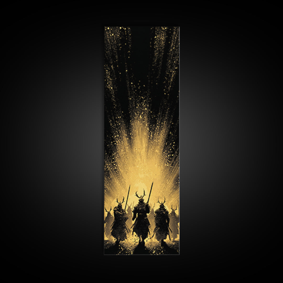 Norse Mythology Canvas Gold Art of Einherjar Warriors, Viking Canvas Art for Dad Gift or Office Art, Nordic Battle Scene Framed in Natural Wood