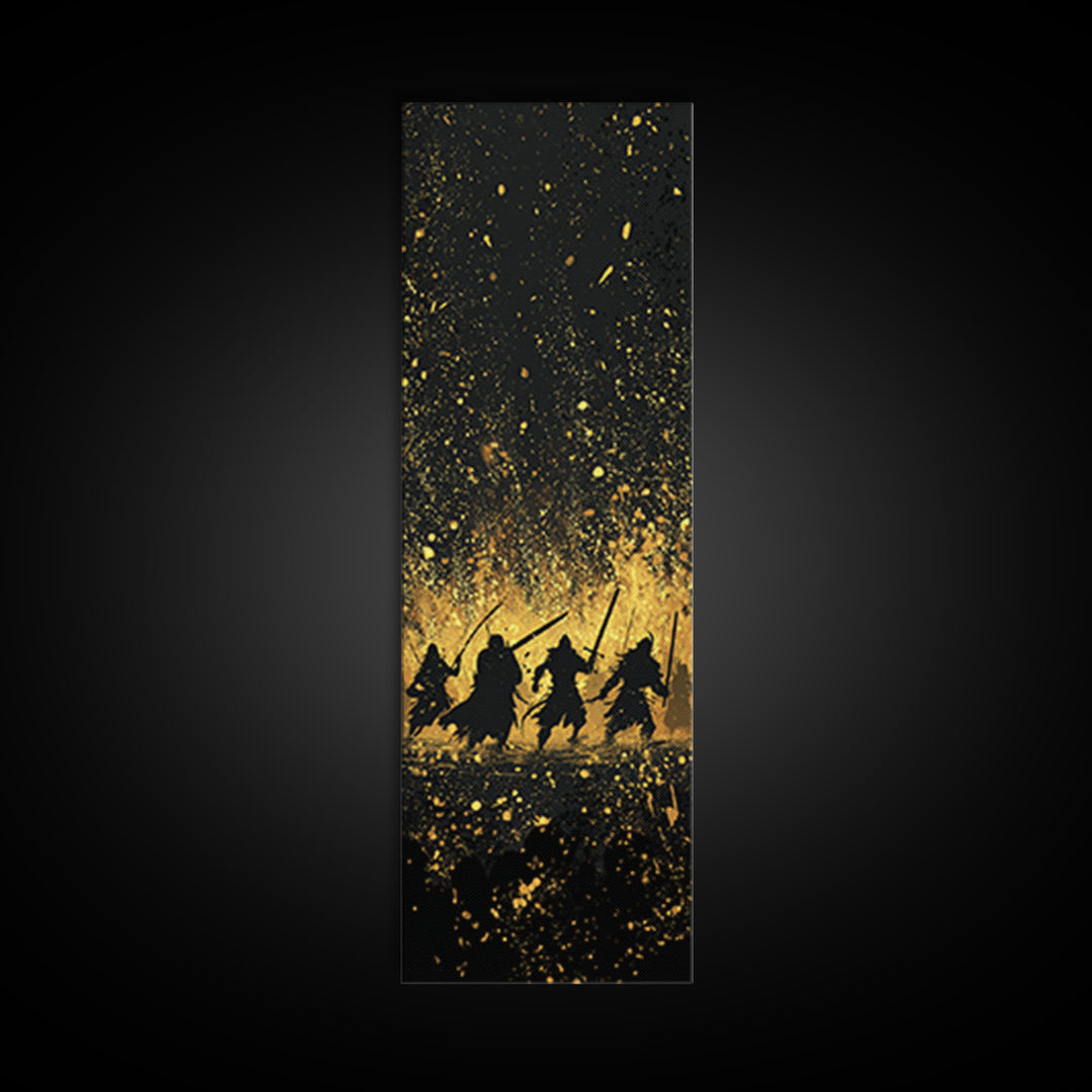 Viking Warriors Canvas Gold Art, Norse Mythology Canvas Art Depicting Heroic Einherjar, Man Cave and Office Wall Decor with Real Wood Framing
