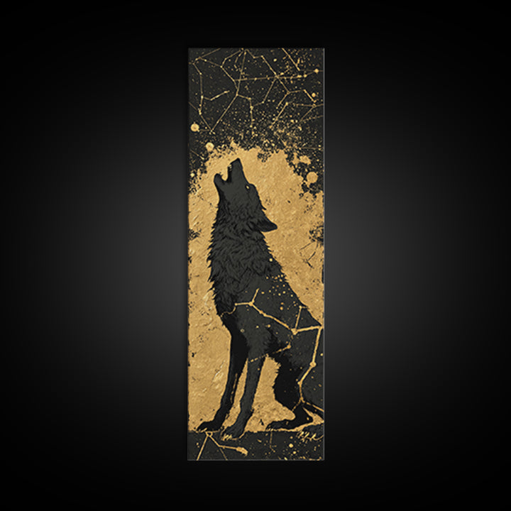 Fenrir Wolf Canvas Gold Art, Norse Mythology Canvas Art Depicting Legendary Wolf, Viking Office Art or Man Cave Decor with Real Wood Framing
