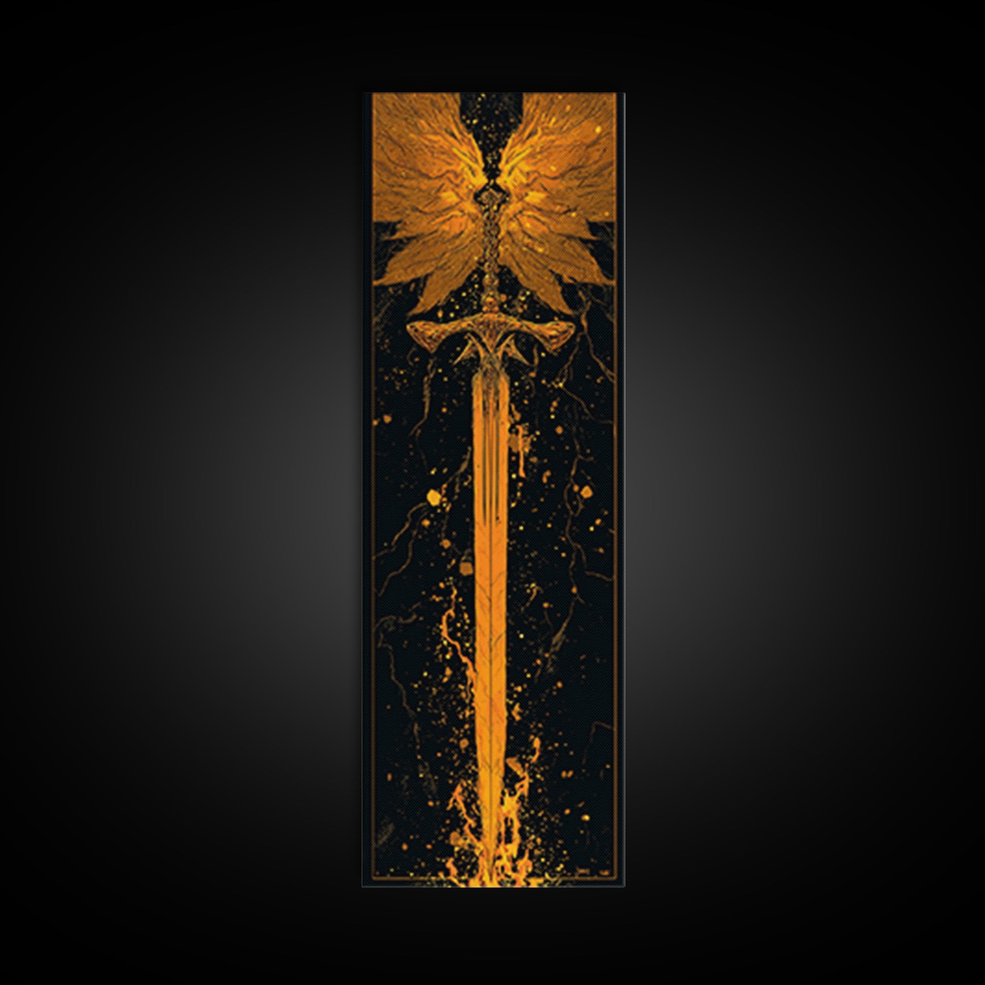 Norse Viking Sword Canvas Gold Art, Nordic Mythology Canvas Art Featuring Golden Weapon, Man Cave Office Wall Decor with Elegant Natural Wood Frame