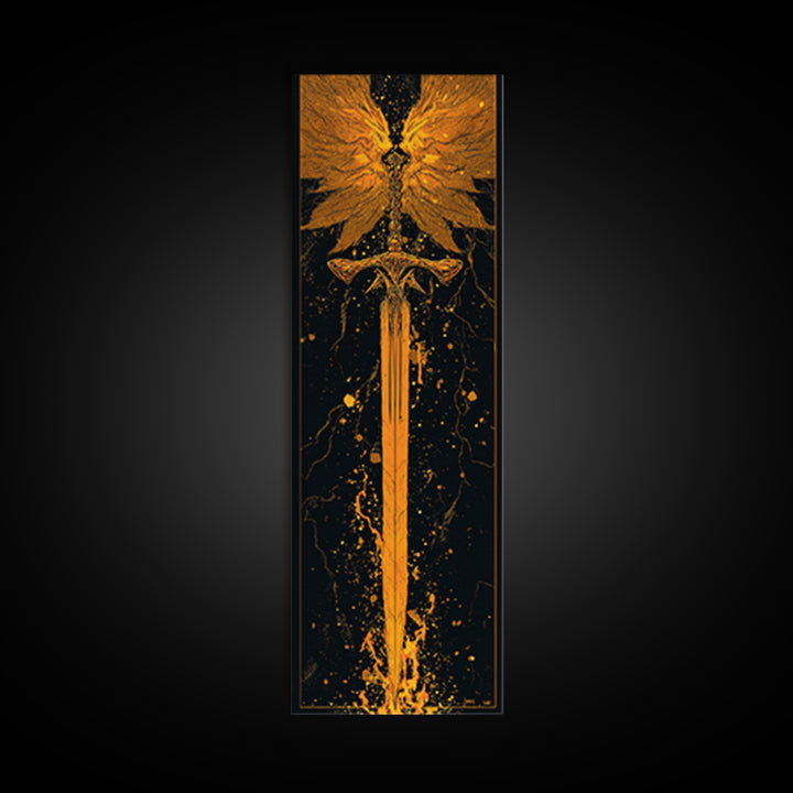 Norse Viking Sword Canvas Gold Art, Nordic Mythology Canvas Art Featuring Golden Weapon, Man Cave Office Wall Decor with Elegant Natural Wood Frame