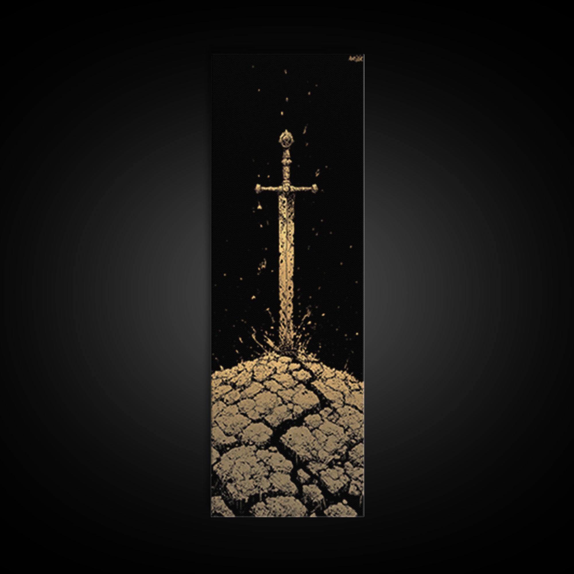 Sword of the North Canvas Gold Art – Viking Mythology Canvas Art for Man Cave or Office, framed in natural real wood