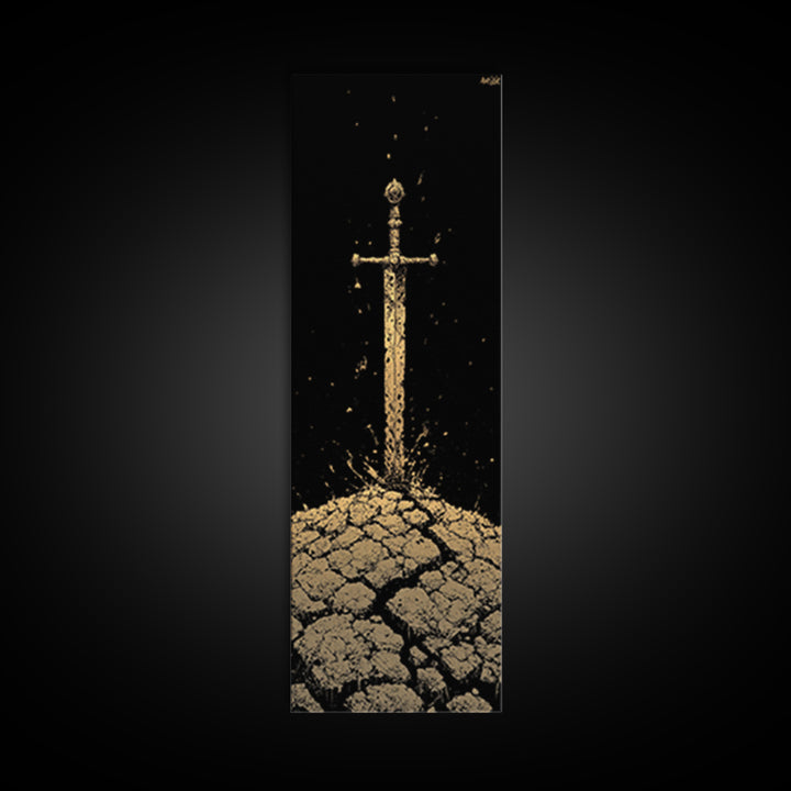 Sword of the North Canvas Gold Art – Viking Mythology Canvas Art for Man Cave or Office, framed in natural real wood