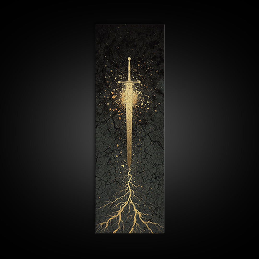 Canvas Gold Art of Runic Viking Sword – Nordic Mythology Canvas Art, Norse Decor with real wood frame, perfect Dad Gift