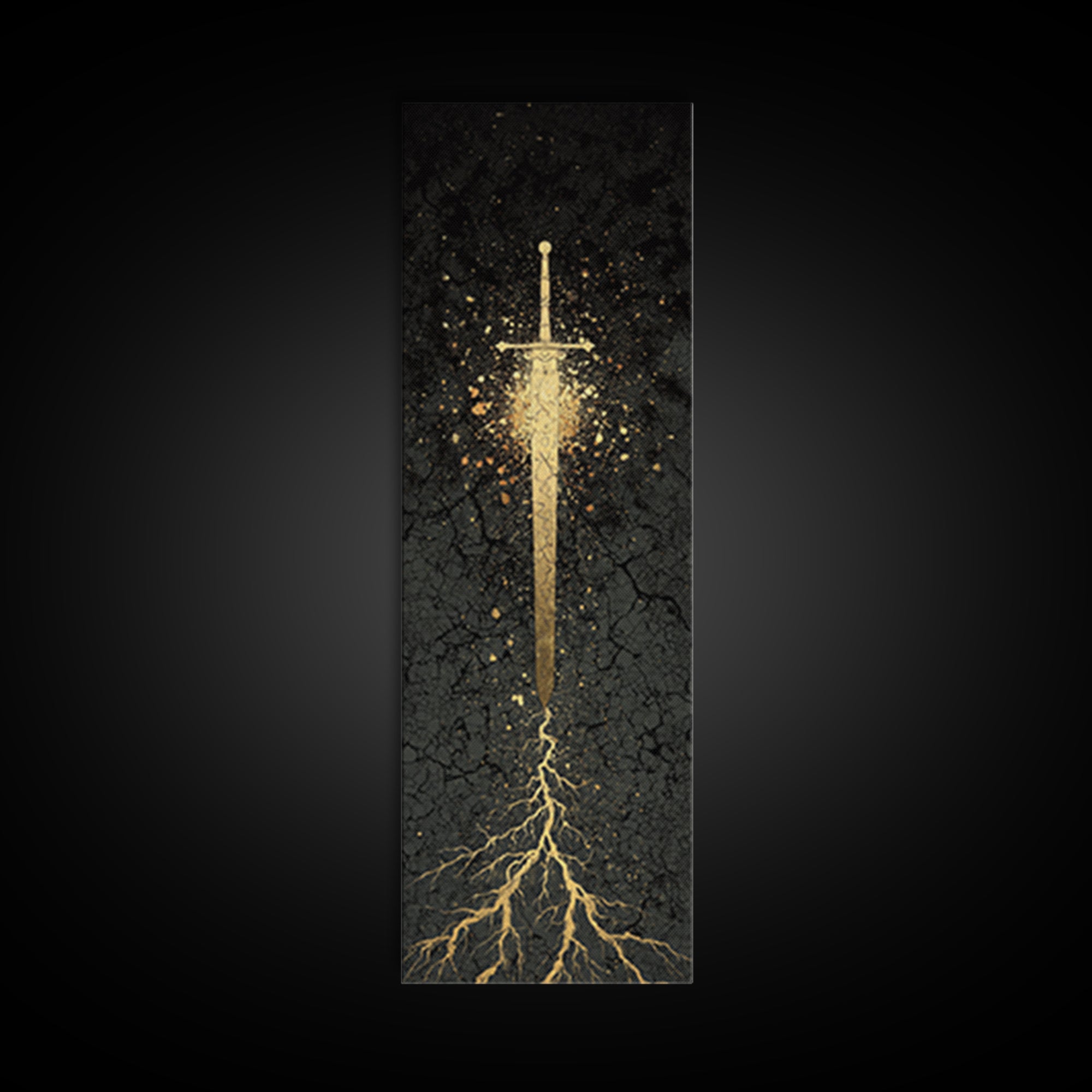 Canvas Gold Art of Runic Viking Sword – Nordic Mythology Canvas Art, Norse Decor with real wood frame, perfect Dad Gift