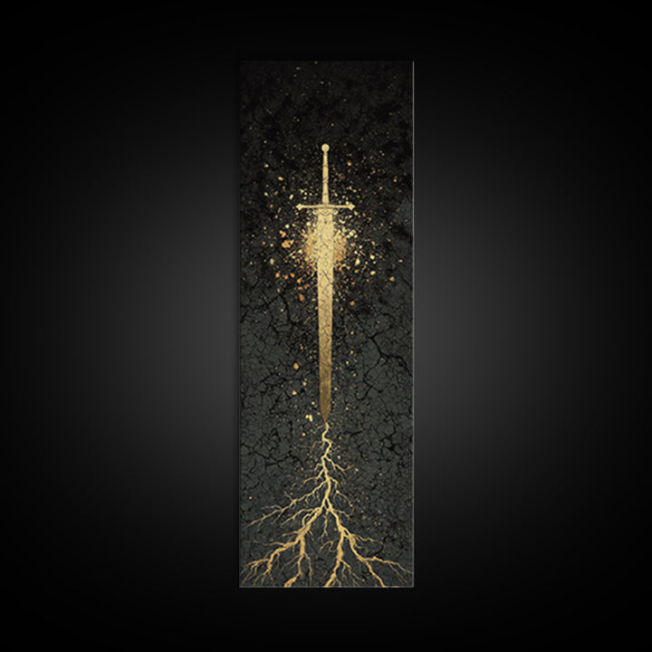 Canvas Gold Art of Runic Viking Sword – Nordic Mythology Canvas Art, Norse Decor with real wood frame, perfect Dad Gift