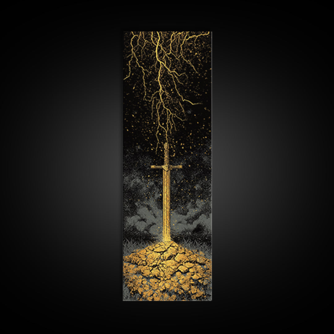 Storm-Forged Viking Sword Canvas Gold Art – Striking Nordic Mythology Canvas Art with lightning, real wood frame included