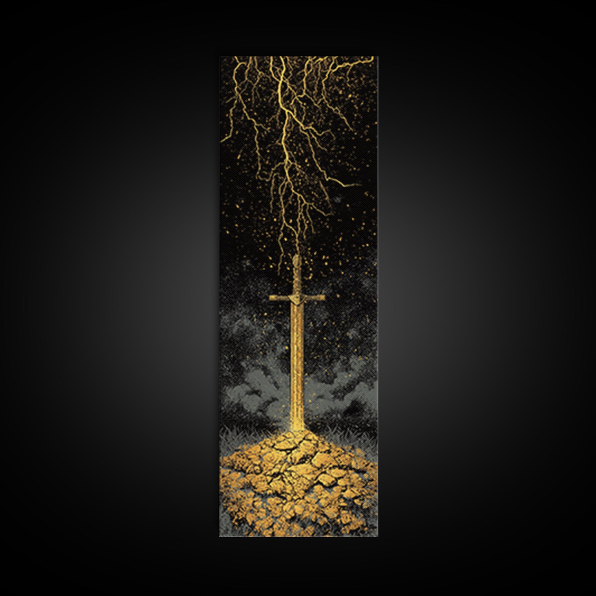 Storm-Forged Viking Sword Canvas Gold Art – Striking Nordic Mythology Canvas Art with lightning, real wood frame included