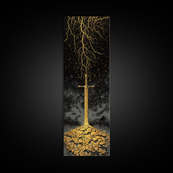 Storm-Forged Viking Sword Canvas Gold Art – Striking Nordic Mythology Canvas Art with lightning, real wood frame included