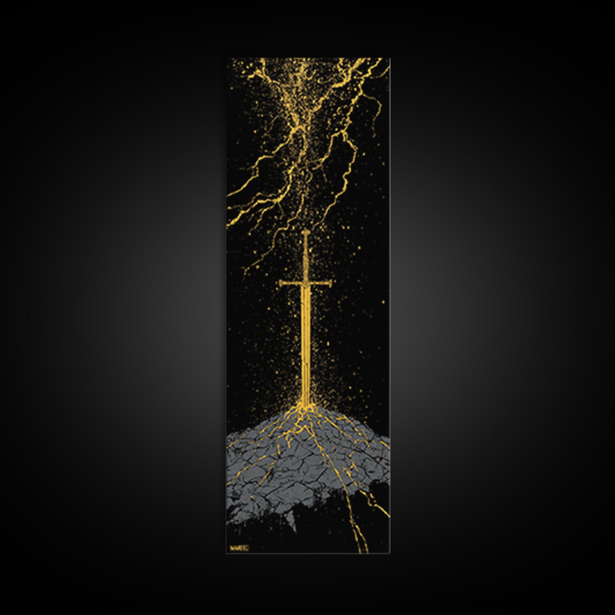 Viking Sword Under Thunder Canvas Gold Art – Nordic Mythology Canvas Art, bold wall décor for office, with real wood frame