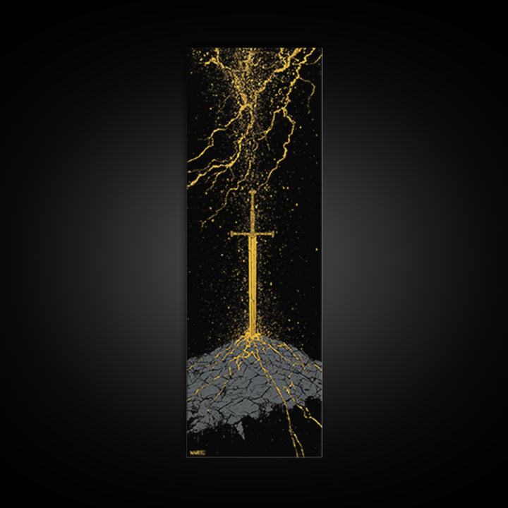 Viking Sword Under Thunder Canvas Gold Art – Nordic Mythology Canvas Art, bold wall décor for office, with real wood frame
